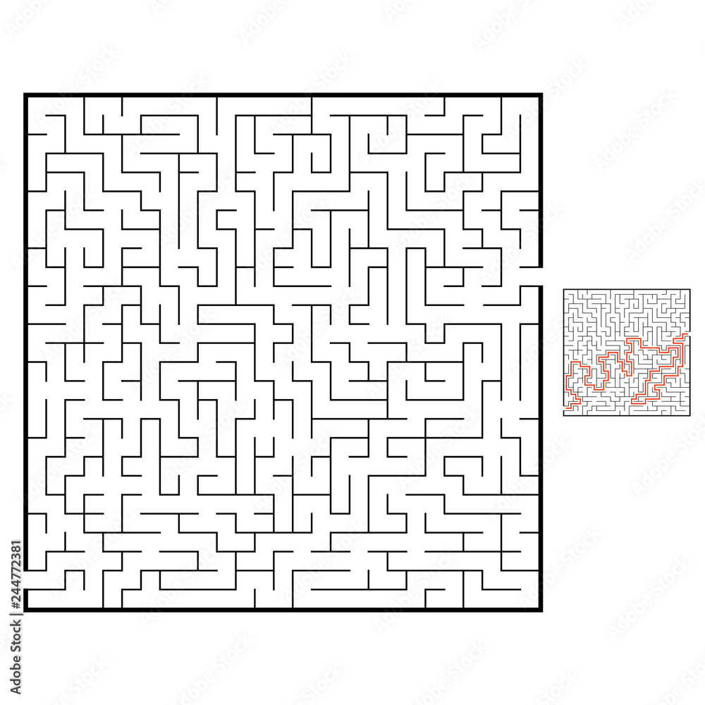 Abstract square maze. Game for kids. Puzzle for children. Labyrinth conundrum. Black flat vector illustration isolated on white background. With answer. Abstract square maze. Game for kids. Puzzle for children. Labyrinth conundrum. Black flat vector illustration isolated on white background. With answer.