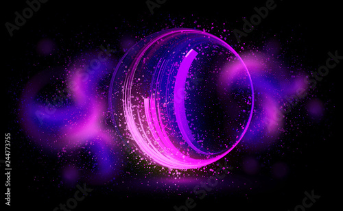 Glow neon balls. Violet Space tunnel. Glint sphere. Vivid  rings. Circle frame of title place. Bright background for text.
Glare abstract composition. Beautiful design of magic bubbles. 3D rendering