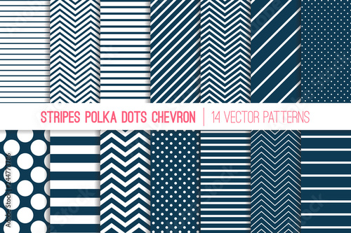 Navy Blue and White Chevron, Polka Dots and Diagonal and Horizontal Stripes Vector Patterns. Modern Minimal Neutral Backgrounds. Various Size Spots and Lines. Tile Swatches Included. photo