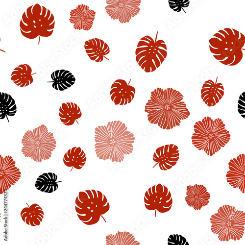 Light Red vector seamless doodle texture with flowers, leaves.