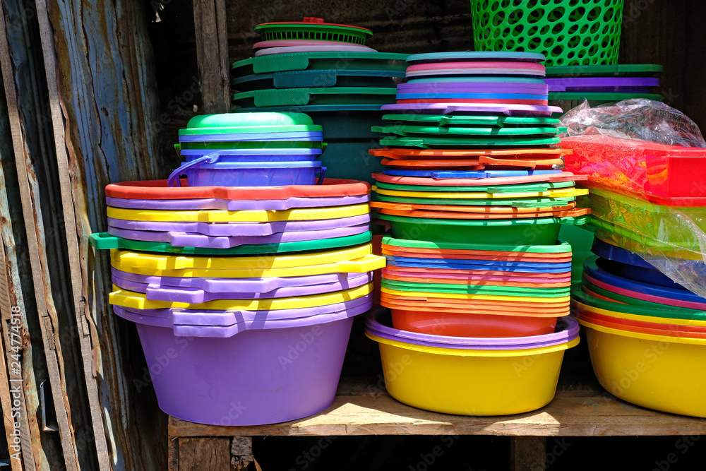 Colourful plastic buckets, market, Madagascar Colourful plastic buckets, market, Madagascar