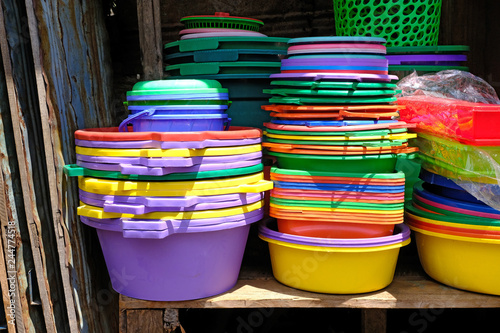 Colourful plastic buckets, market, Madagascar