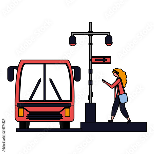 woman with mobile bus station lights sign