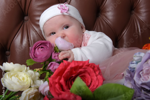 girl five months in a pink dress with bouquets of flowers photo