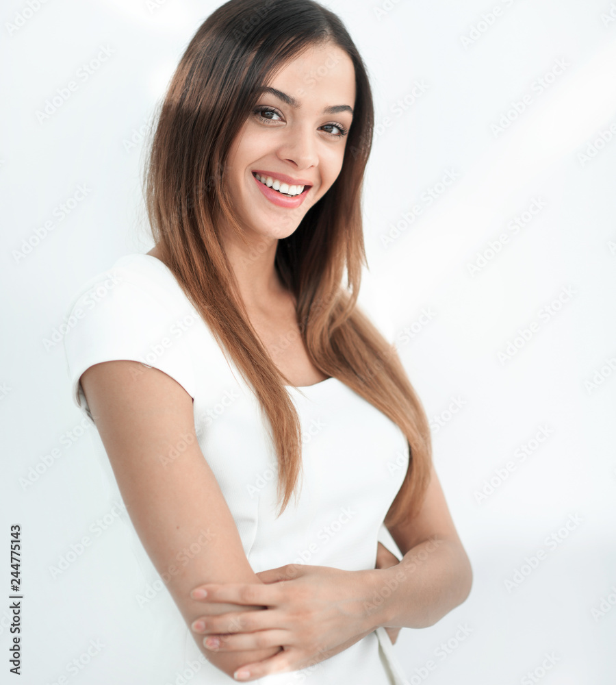 Happy business woman smiling - isolated over a white background Happy business woman smiling - isolated over a white background