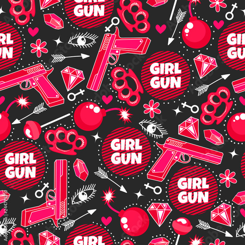 Girl gun. Fashion seamless pattern with gun, lollipop, diamond, arrow, eyes, bomb, brilliant, flowers, heart, revolver and brass knuckles. Dark background with original design element for female.
