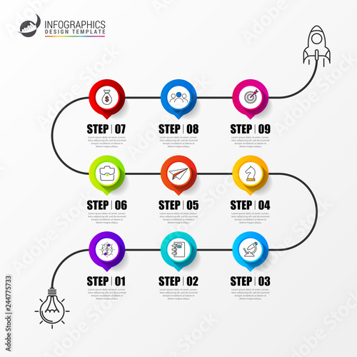 Infographic design template. Timeline concept with 9 steps