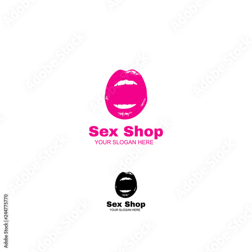 Erotic logo for sex shop. Sexy emblem. Isolated illustration with lips.