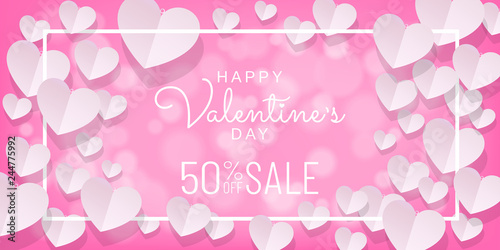 Paper cut style of Valentines day sale background in pink color with hearts and white frame, Paper art (Digital craft) wallpaper, posters, brochure, banner. Vector illustration. © manees