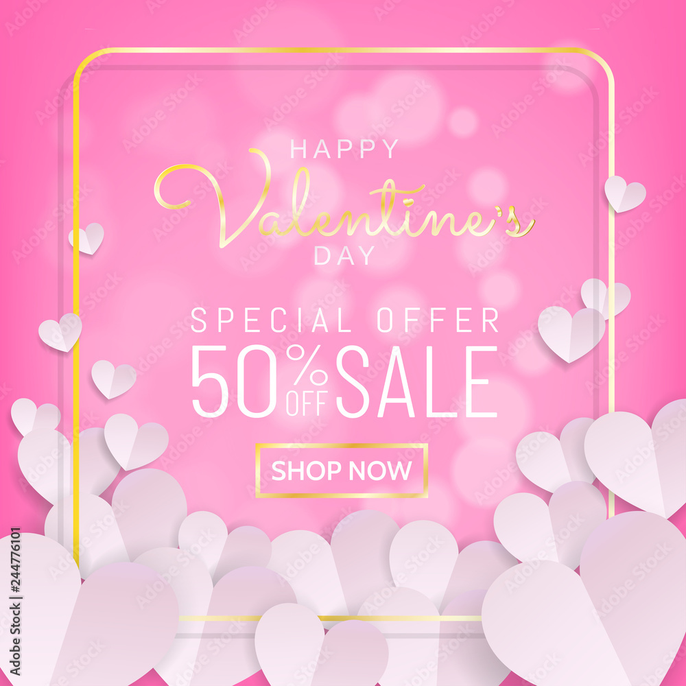Valentines day sale background in sweet pink color with typography and gold frame with bunch of white heart in paper cut (paprt art, digital craft) style. Vector illustration.
