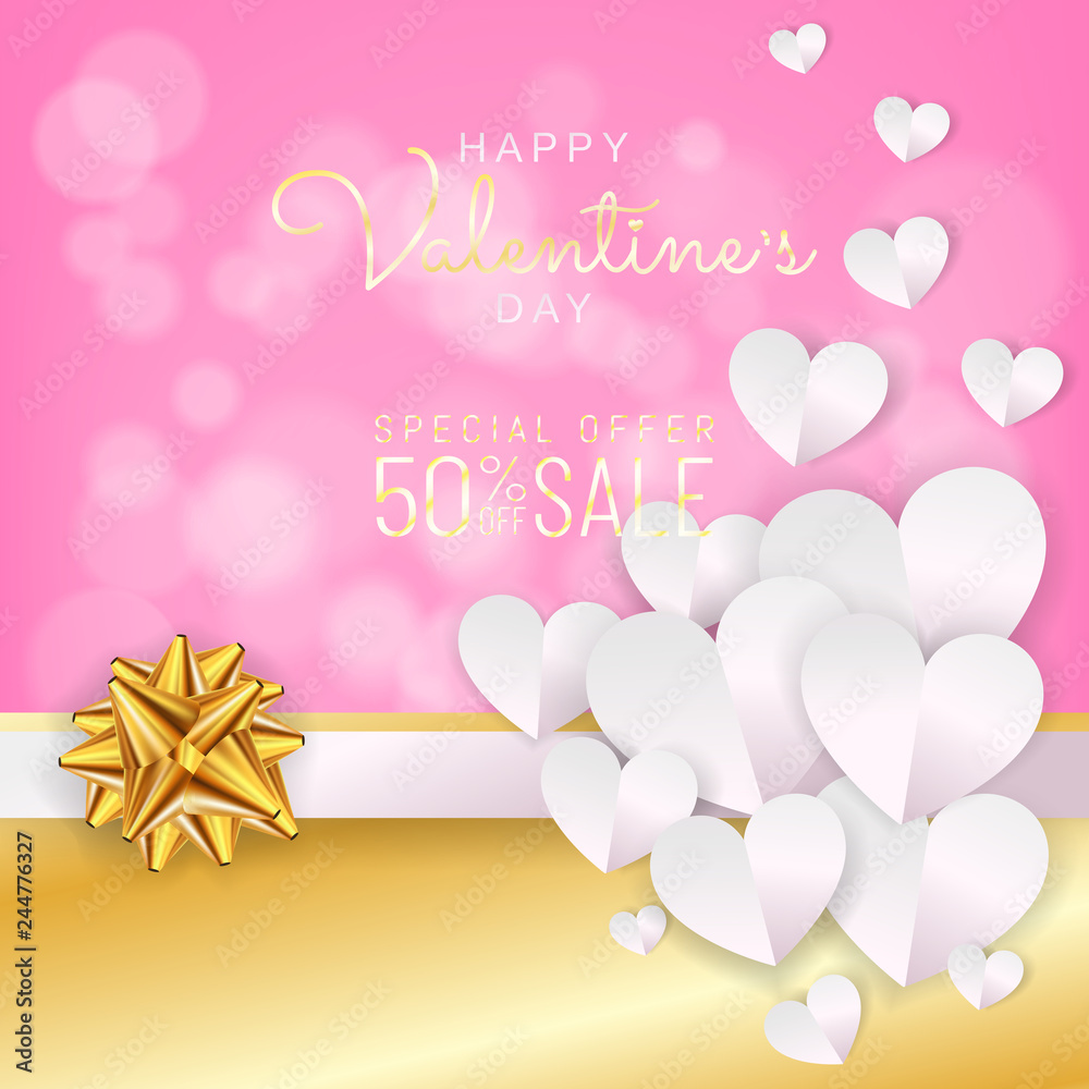 Valentines day sale background, Discount card, greeting card paper cut style (digital craft, paper art), Gold ribbon, Paper hearts decoration on sweet pink color background. Vector illustration.