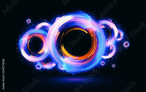 Glow neon balls. Blue space tunnel. Glint sphere. Vivid  rings. Circle frame of title place. Bright background for text. Glare abstract composition. Beautiful design of magic bubbles. 3D rendering