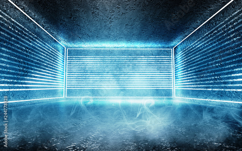 Background of empty room with concrete walls and floor. Neon light and smoke. 3d illustration