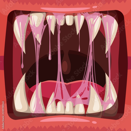 Predatory jaws of a fantastic horrible scary monster with slime , drooling, green mucus. Glue Jelly The substance is sticky, tension, elasticity. Cartoon style, vector, banner template, isolated.