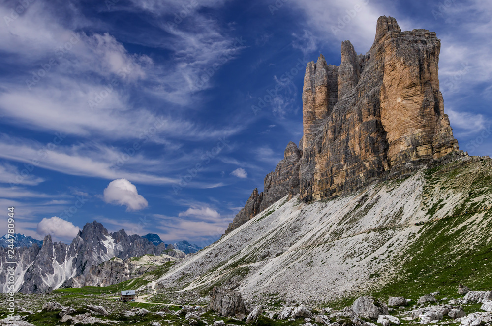 Tre Cime di Lavaredo National Park. Drei Zinnen, Trentino Alto Adige, South Tyrol, Dolomites mountains, Italy
