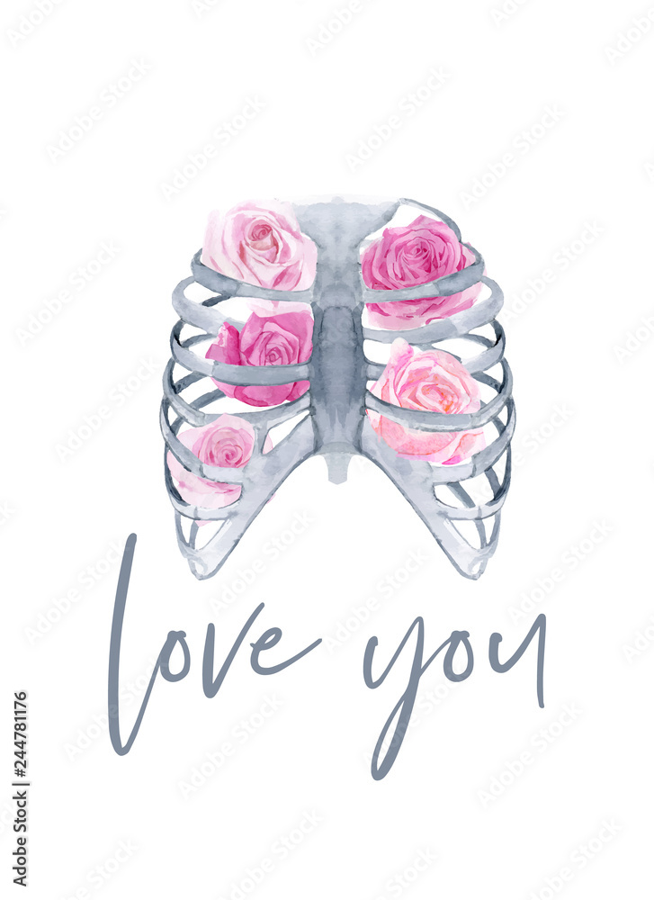 Blooming anatomy chest with wild roses. Watercolor vector illustration of gothic human rib cage with flowers. Graphics of blossom Skeleton in art boho style.