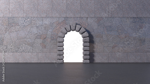 Front view of tiled granite wall with cyclopean stone gate and asphalt floor. White isolated opening in horizontal 3d render. photo