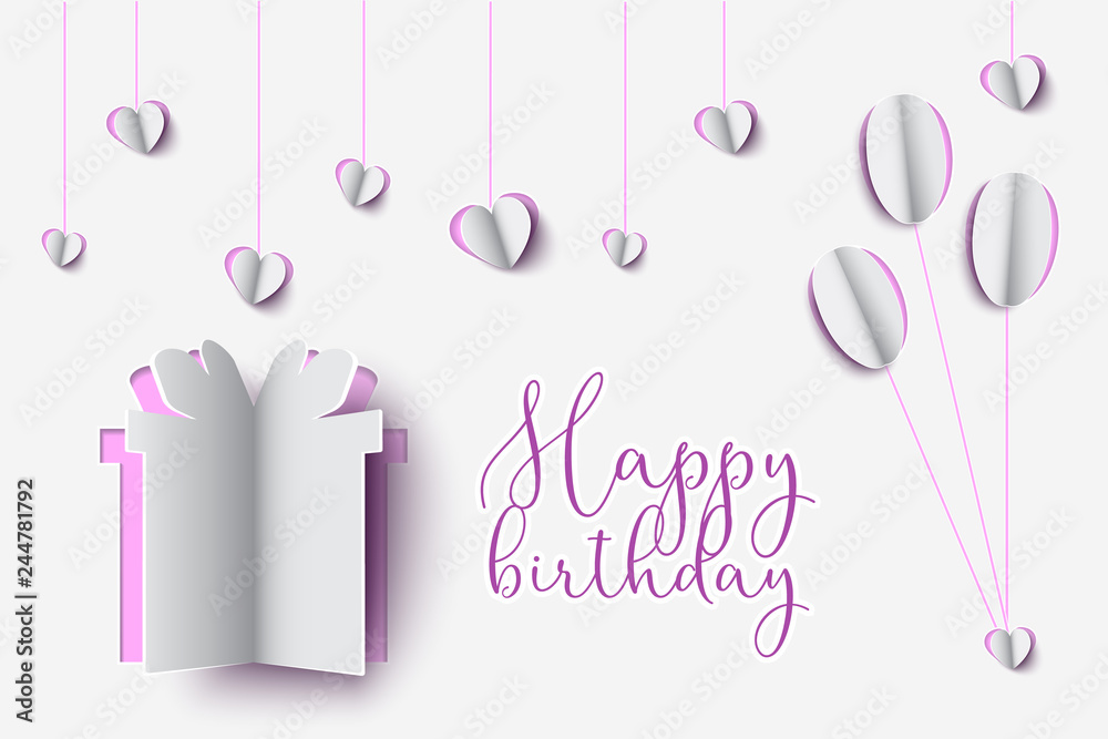 Obraz premium Birthday Paper Cut design of Gift box with Happy Birthday Title. Paper clipart of balloon floating and Gift Box on paper background.
