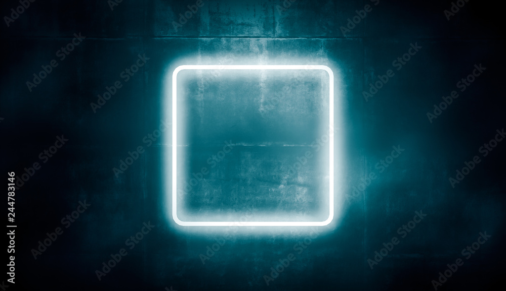 Neon frame abstract square, glowing light on concret wall. 3d rendering. Neon frame abstract square, glowing light on concret wall. 3d rendering.