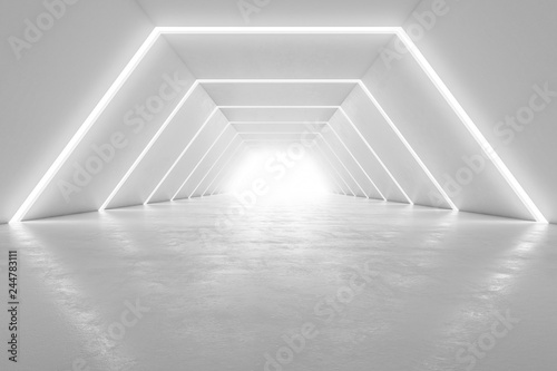 Illuminated corridor interior design. Abstract Futuristic tunnel with light background. 3D rendering.