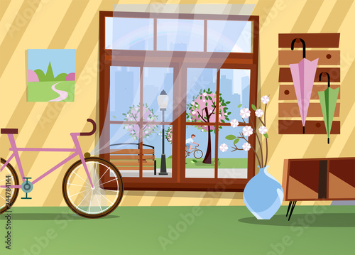 Window with view of blooming trees in city park. Spring warm interior with bicycle, branches in vase, table in hallway and umbrellas on hanger. Silhouette of big city outside. Flat cartoon vector