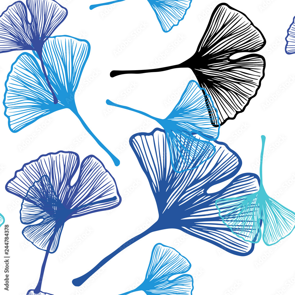 Light Pink, Blue vector seamless doodle texture with leaves. - obrazy, fototapety, plakaty 