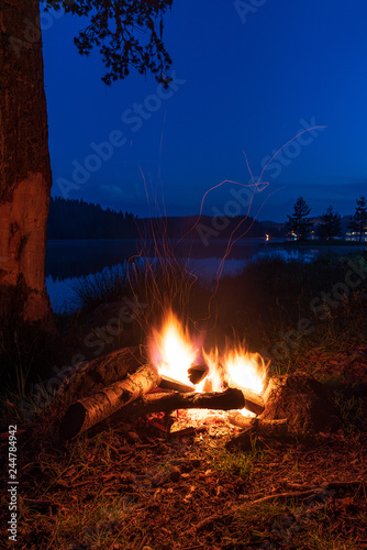 camp fire near lake