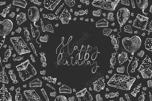 Happy Birthday background. Doodles Birthday sets, party blowouts, party hats, gift boxes and bows. vector illustration chalk texture isolated on black background.