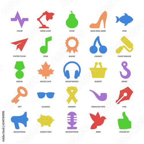 Basic color design shapes icons set with desk lamp, high heel shoe, paper plane, paint roller, maple leaf, tobacco pipe, money box and finger up.
