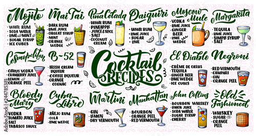 Lettering set of cocktails recipes. Template for card banner and poster for bar menu and restaurant