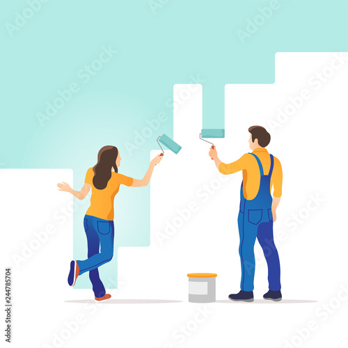 Home repair. Man and woman painting the wall in new apartment. Vector illustration.