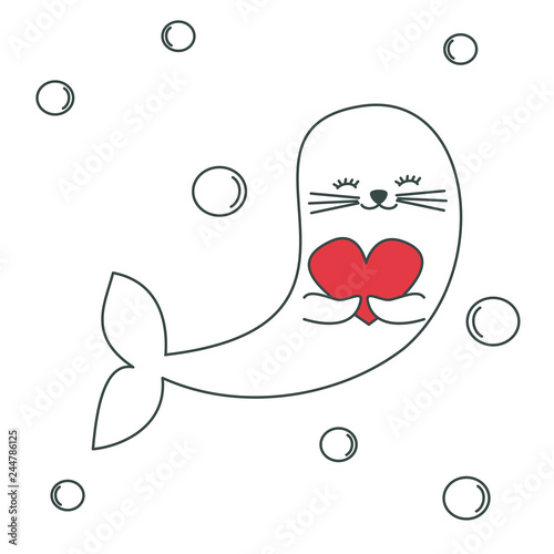 cute lovely cartoon baby seal with heart valentine romantic vector illustration