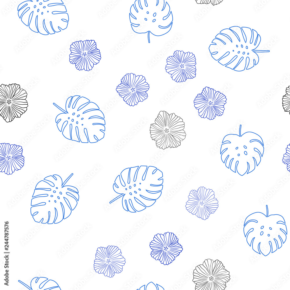 Light BLUE vector seamless natural pattern with flowers, leaves. Light BLUE vector seamless natural pattern with flowers, leaves.