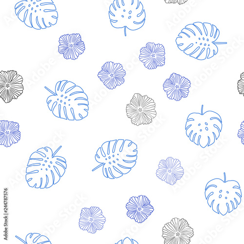 Light BLUE vector seamless natural pattern with flowers, leaves.