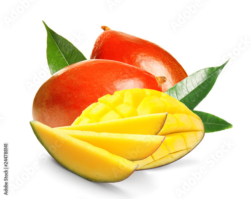 Fresh juicy mango slices isolated on white