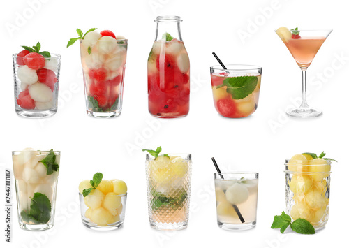 Set of cocktails with melon and watermelon balls on white background