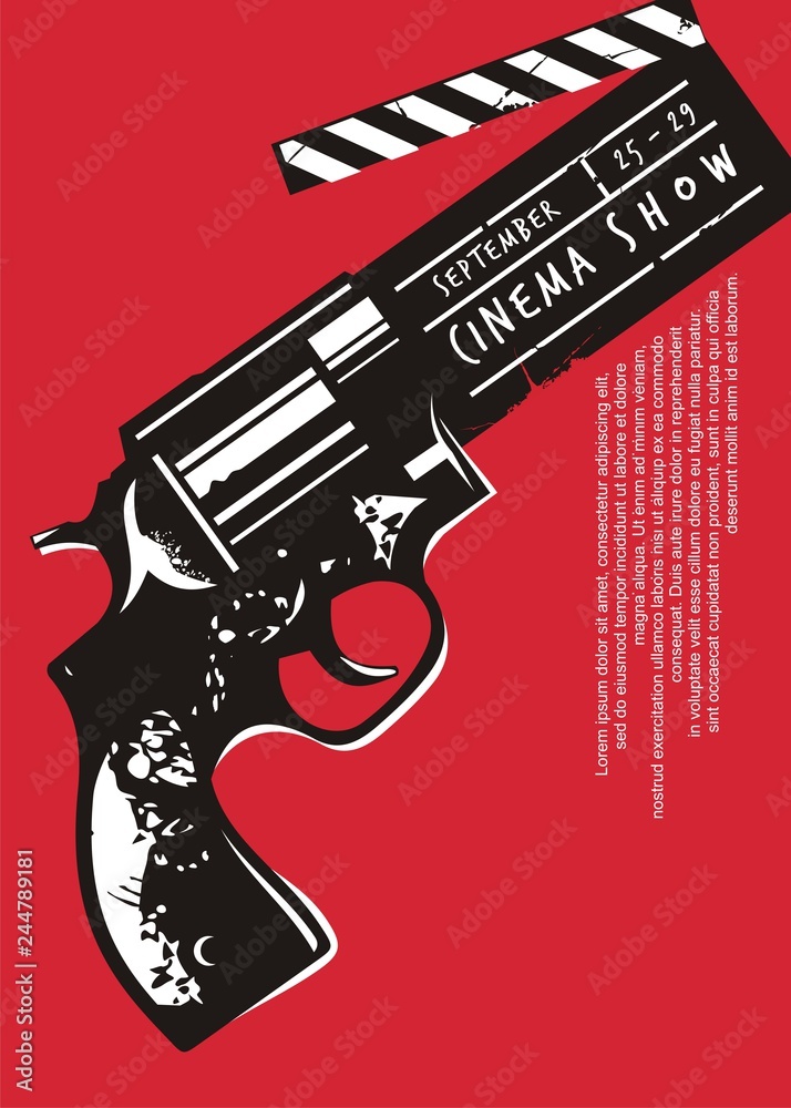 Fotografia Creative movie event poster with gun graphic and clapper board  su EuroPosters.it
