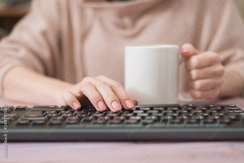 Woman typing on the keyboard. Housewife works at the computer. Woman typing on the keyboard. Housewife works at the computer.