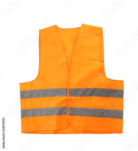 Reflective vest on white background. Safety equipment