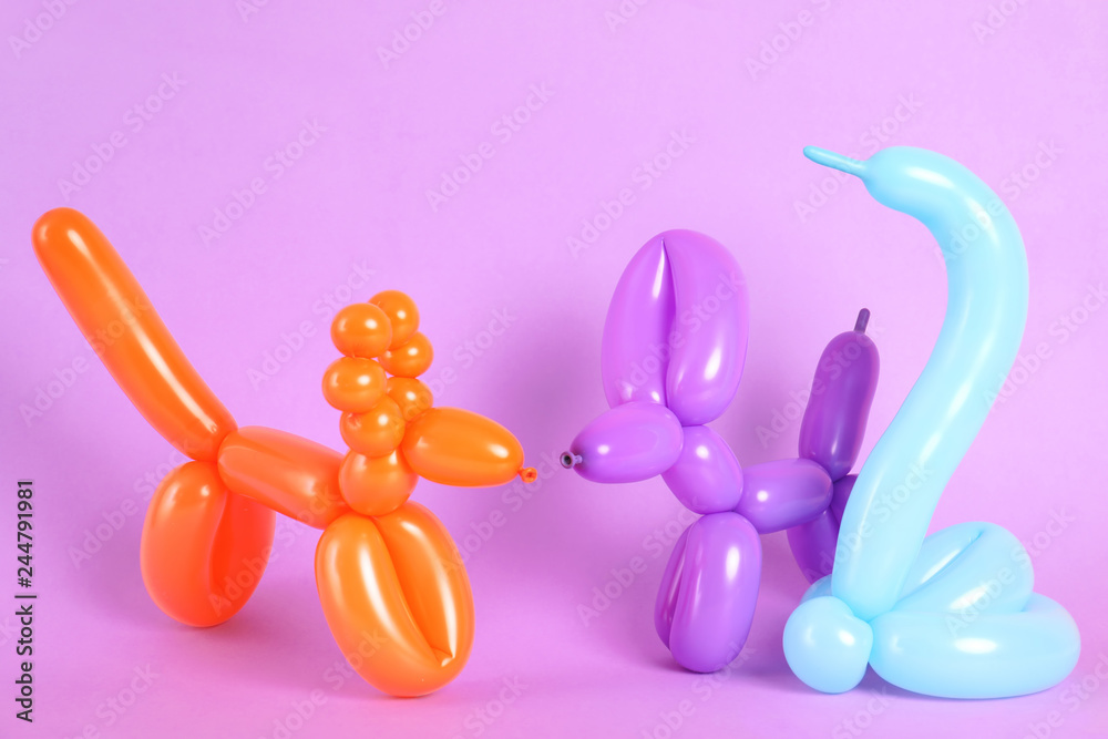 Obraz premium Figurki zwierząt wykonane z modelowania balonów na kolorowym tle