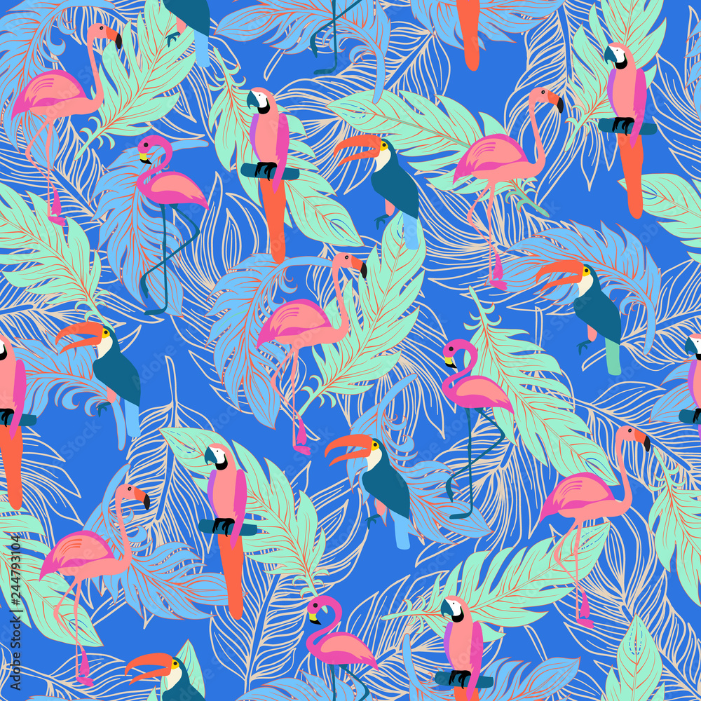 Obraz premium Wzór z egzotycznych ptaków tropikalnych i piór.