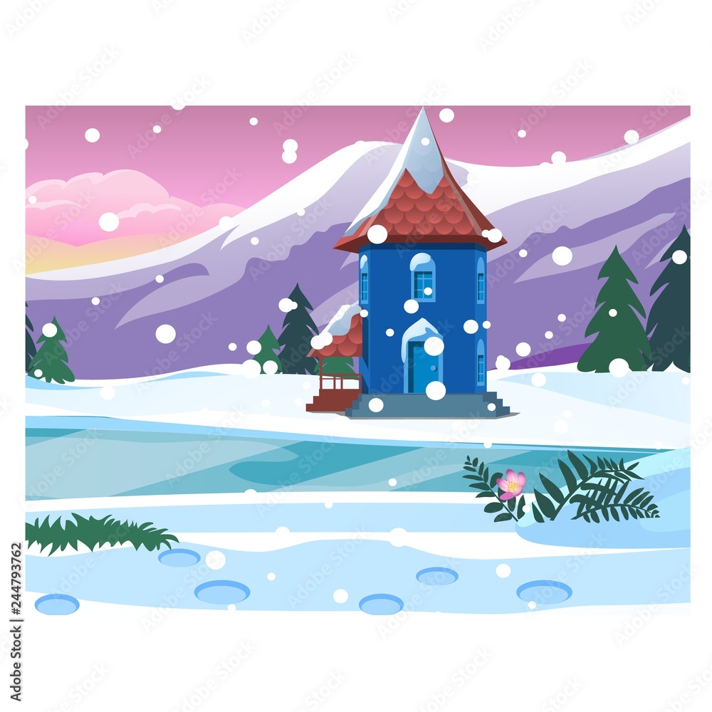 Small lonely house with snowy mountains. Sketch for Christmas and New year greeting card, festive poster or party invitations. Vector illustration.