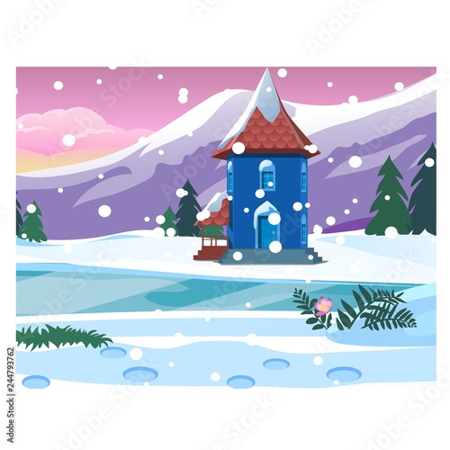 Small lonely house with snowy mountains. Sketch for Christmas and New year greeting card  festive poster or party invitations. Vector illustration.