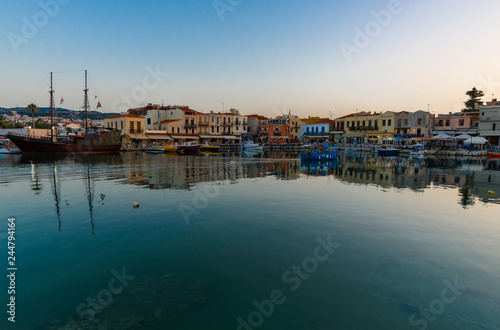 Greece  Crete Rethymno  panoramic view old venetian harbor at the sunset.