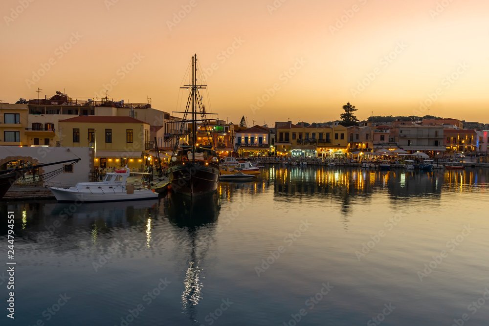 Greece, Crete Rethymno, old venetian harbor at the evening.