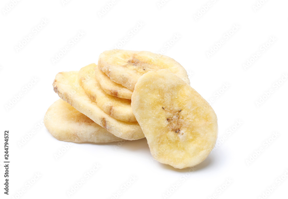 Sweet banana slices on white background. Dried fruit as healthy snack Sweet banana slices on white background. Dried fruit as healthy snack