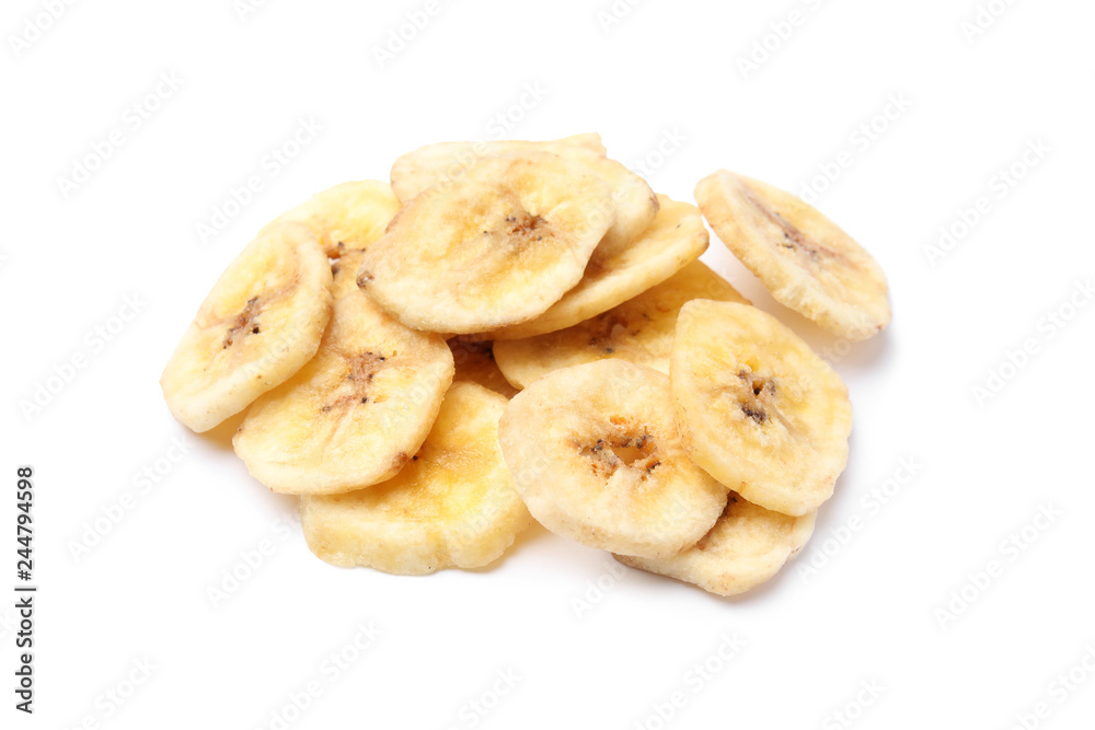 Heap of sweet banana slices on white background. Dried fruit as healthy snack