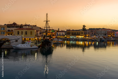 Greece, Crete Rethymno, old venetian harbor at the evening.