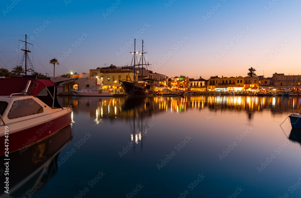 Greece, Crete Rethymno, old venetian harbor at the night.