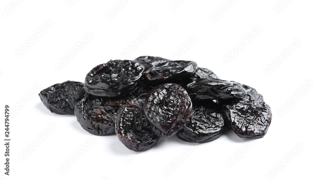 Heap of tasty prunes on white background. Dried fruit as healthy snack Heap of tasty prunes on white background. Dried fruit as healthy snack